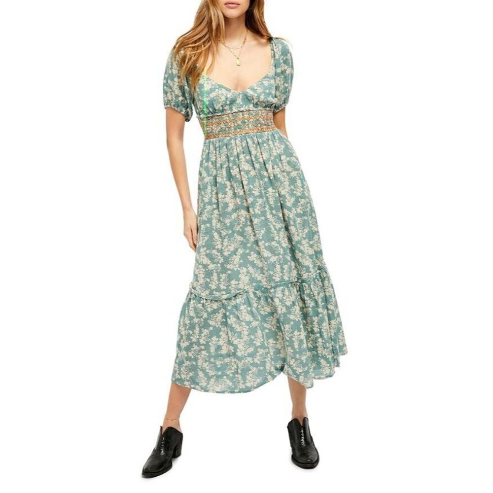 Free People Printed Ellie Maxi Dress Green Floral Smocked Peasant Size Small - Picture 3 of 13